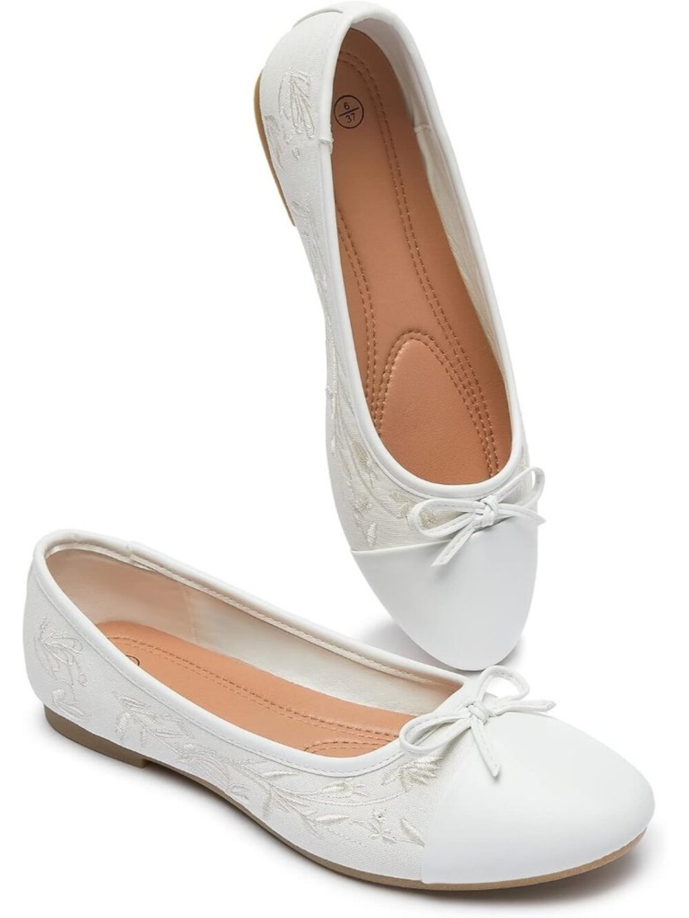 Women's White Leather Pomegranate Embroidery Bow Round Toe Flats Dressy Shoes